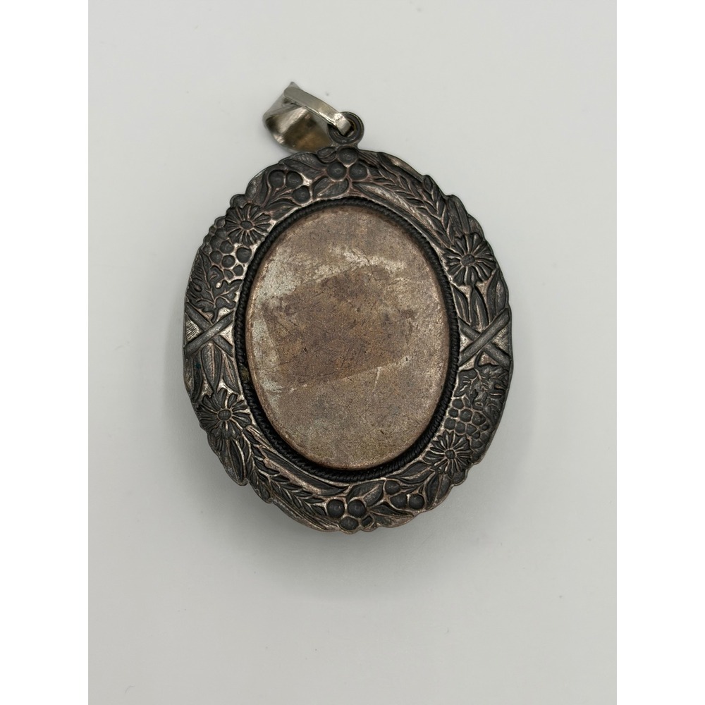 Vintage Oval Turquoise Enamel Floral Silver Tone Pendant Cabochon Boho Charm - Picture 2 of 3